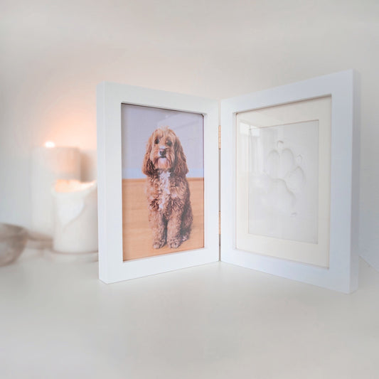 Beautiful framed clay paw print, personalised with pet name and special photo. Unique memory display