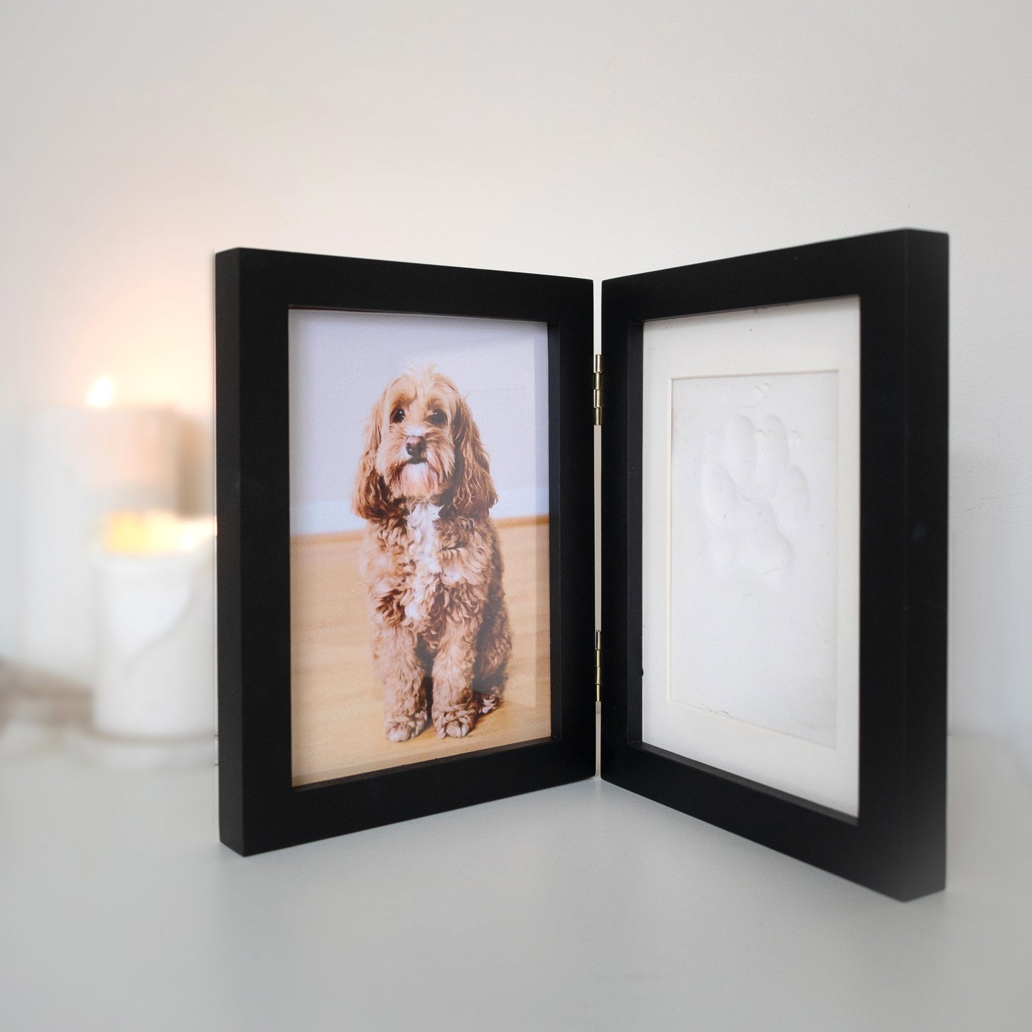 Beautiful framed clay paw print, personalised with pet name and special photo. Unique memory display