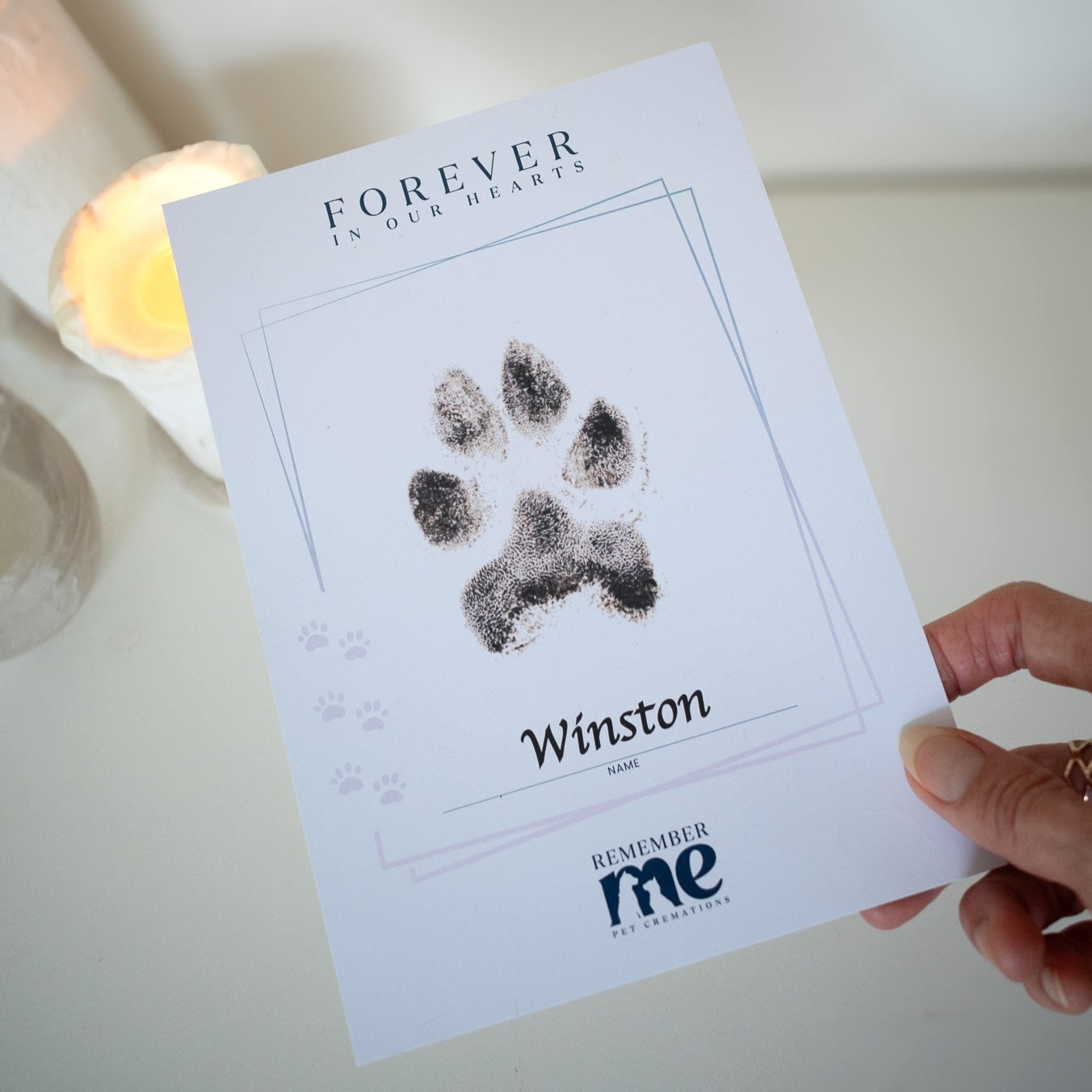 Personalised ink paw print, pets name, memento, memory for framing, unique