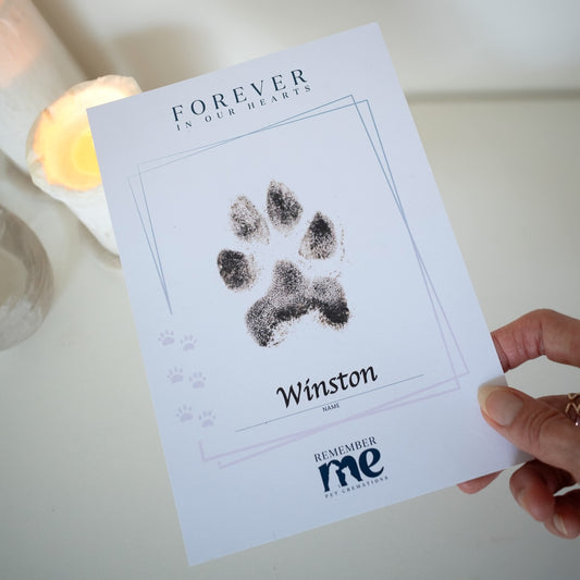 Personalised ink paw print, pets name, memento, memory for framing, unique