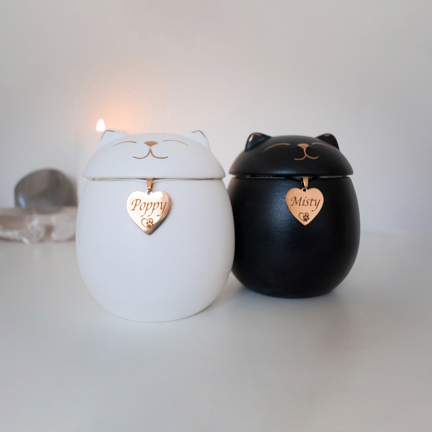 Personalised cat memorial urn, white or black engraved with name on gold heart 