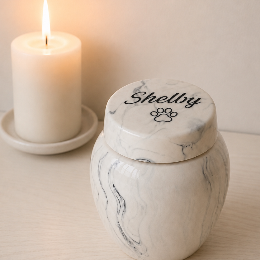 A beautiful marble-effect urn, combining elegant beauty and the practicality of a lightweight durable material, suitable for any home. Personalised with your pet's name so you can honour your beloved companion with dignity and grace.