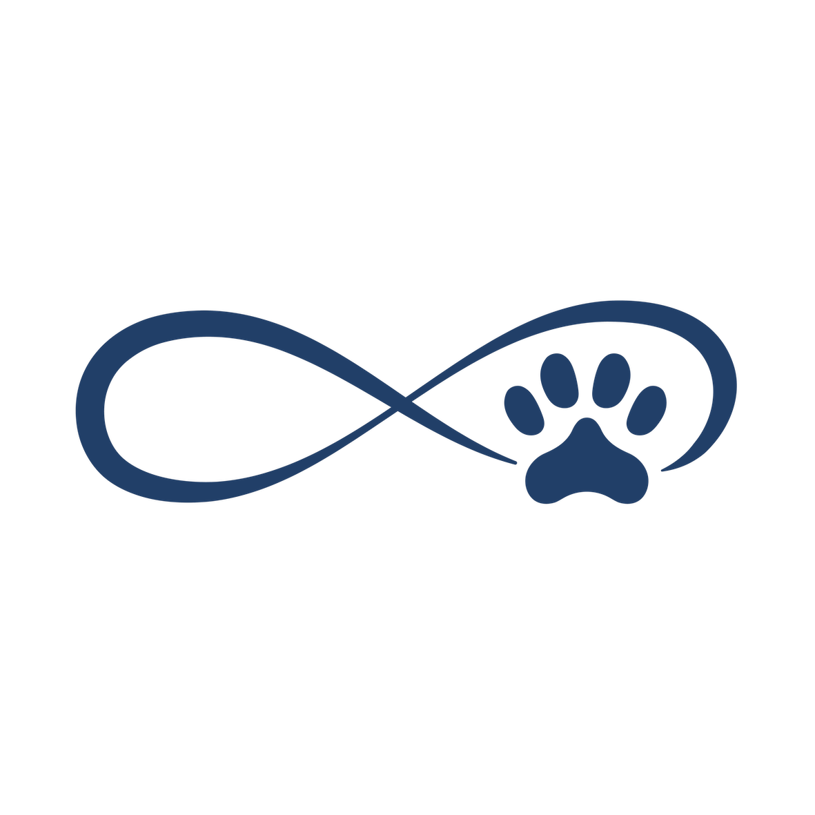 A dark blue infinity symbol with a paw print integrated into the right loop, representing eternal love and remembrance for a beloved pet. The design conveys the enduring bond between pets and their owners.