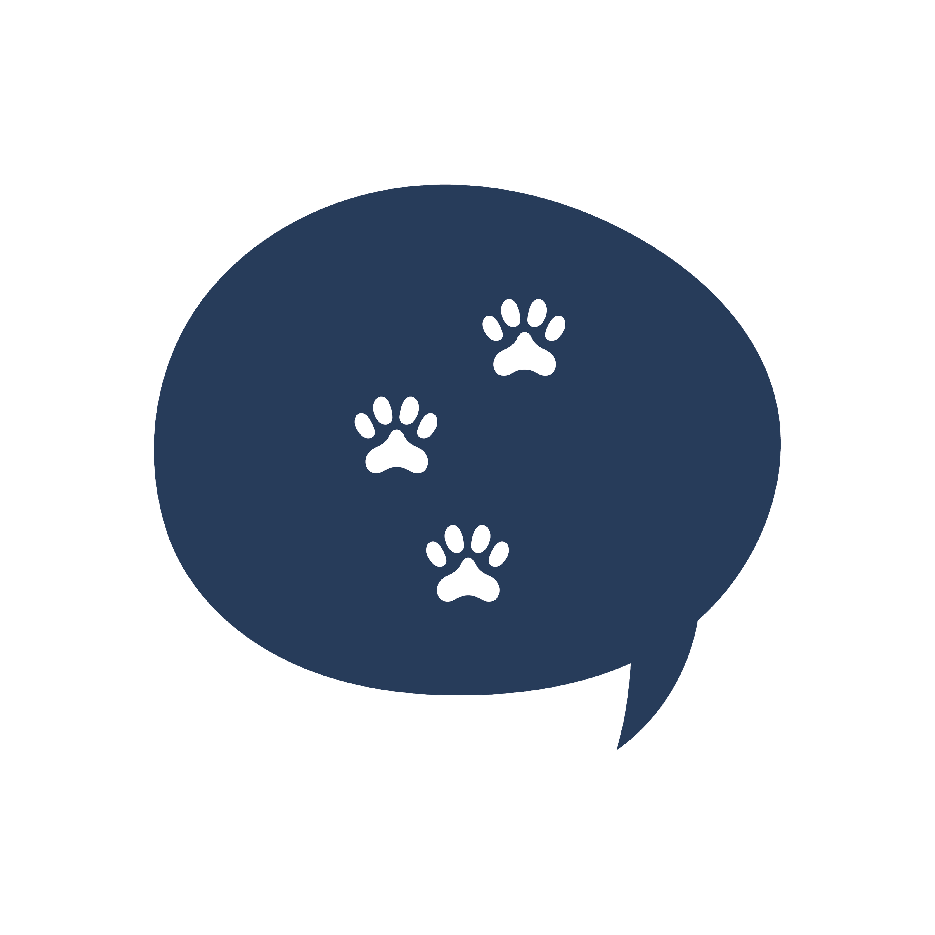 A dark blue speech bubble icon containing three small white paw prints, symbolising pet-related communication, messaging, or support—often used to indicate live chat or conversation services for a pet care or memorial business.