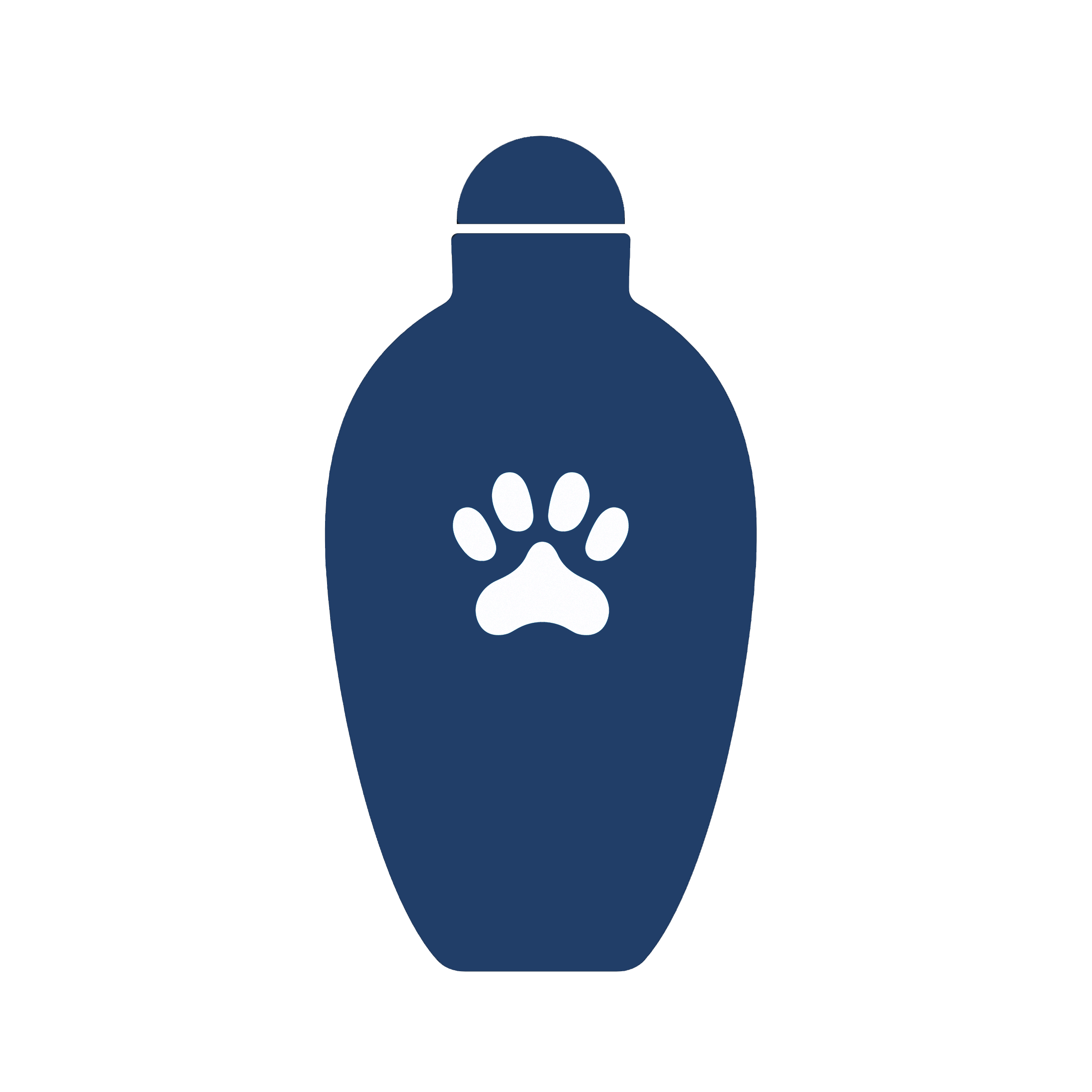 A simple dark blue urn icon with a white paw print in the centre, symbolising pet cremation or memorial services. The design is clean and respectful, conveying remembrance and care for a beloved animal companion.