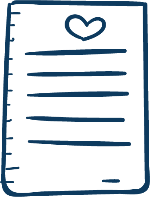 A hand-drawn blue icon of a piece of paper with horizontal lines representing text and a heart symbol at the top, suggesting a heartfelt document or message.