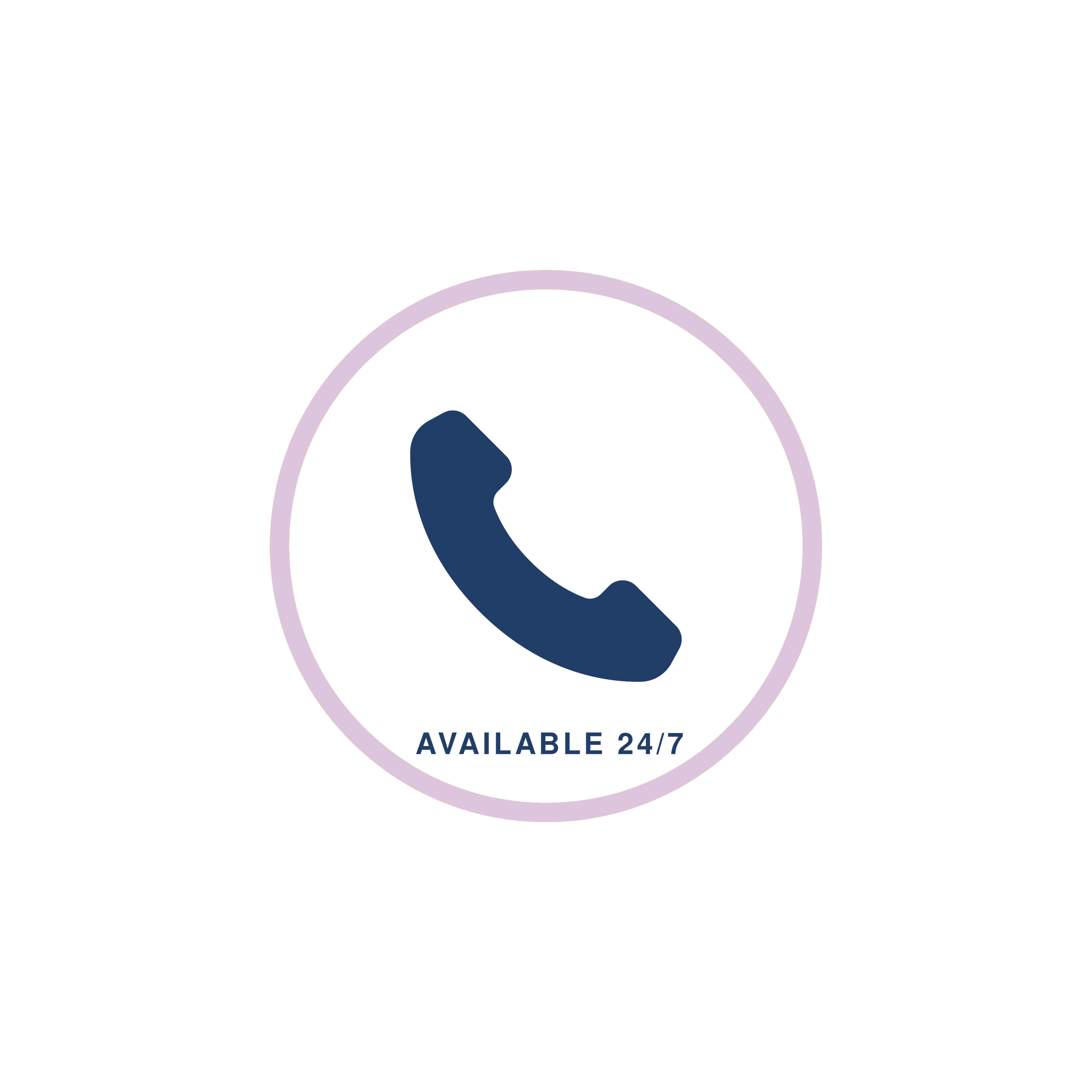 A circular icon with a dark blue phone handset symbol in the centre, surrounded by a soft lavender ring. Below the phone symbol, the text reads “AVAILABLE 24/7” in dark blue, indicating round-the-clock phone support or service availability.